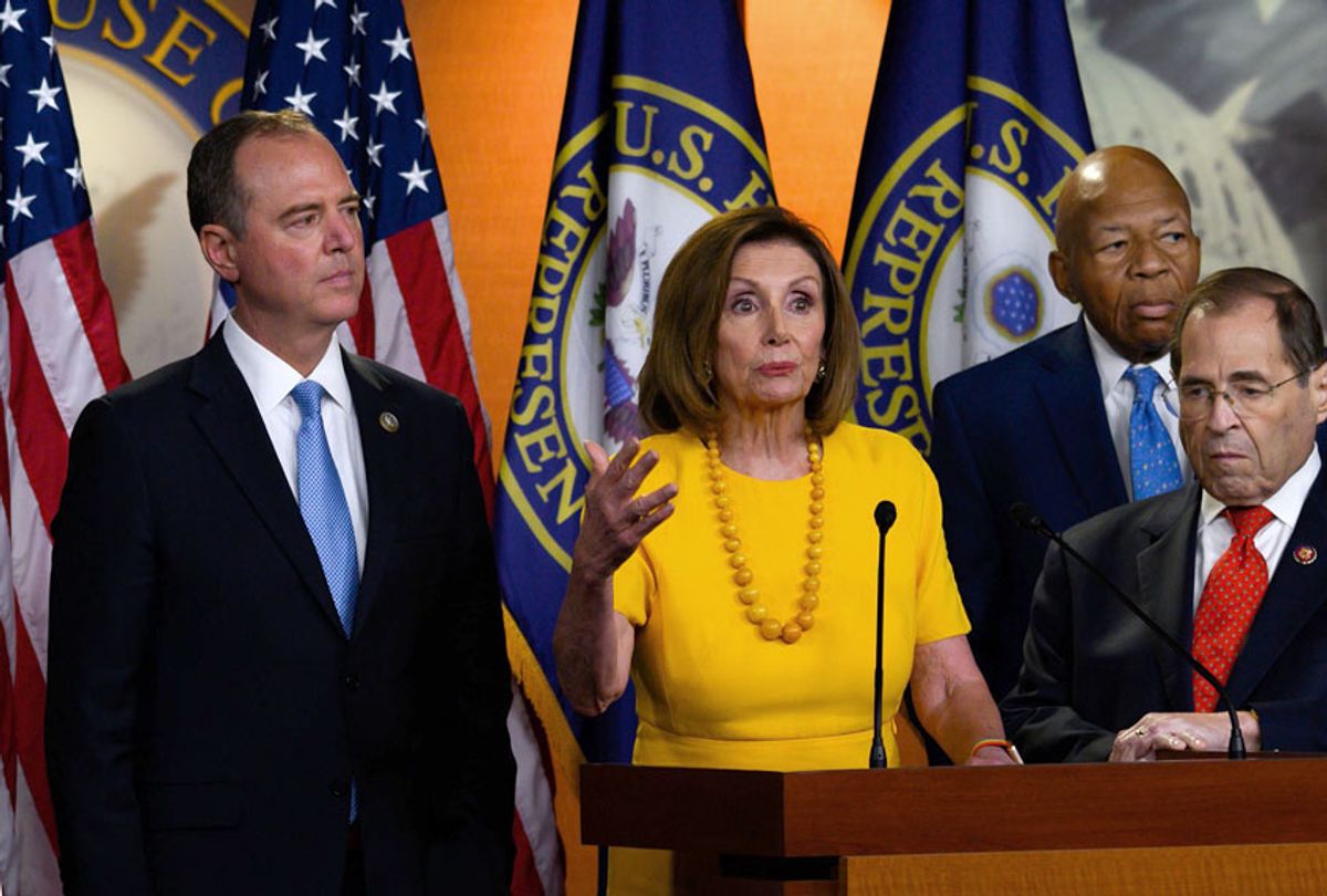 House Speaker Nancy Pelosi, flanked by House Intelligence Committee Chairman Adam Schiff, House Oversight and Reform Committee Chairman Elijah Cummings, and House Judiciary Committee Chairman Jerry Nadler, delivers a press conference following the former Special Counsel's testimony before the House Select Committee on Intelligence in Washington, DC, on July 24, 2019.  (Getty/ANDREW CABALLERO-REYNOLDS)