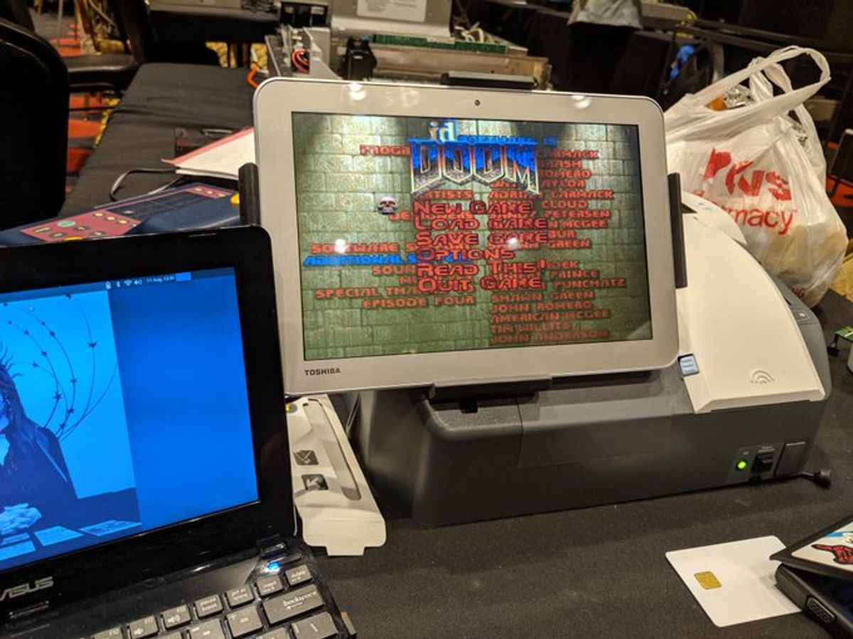 An "electronic pollbook" modified by Def Con hackers to play the computer game Doom. (Twitter)