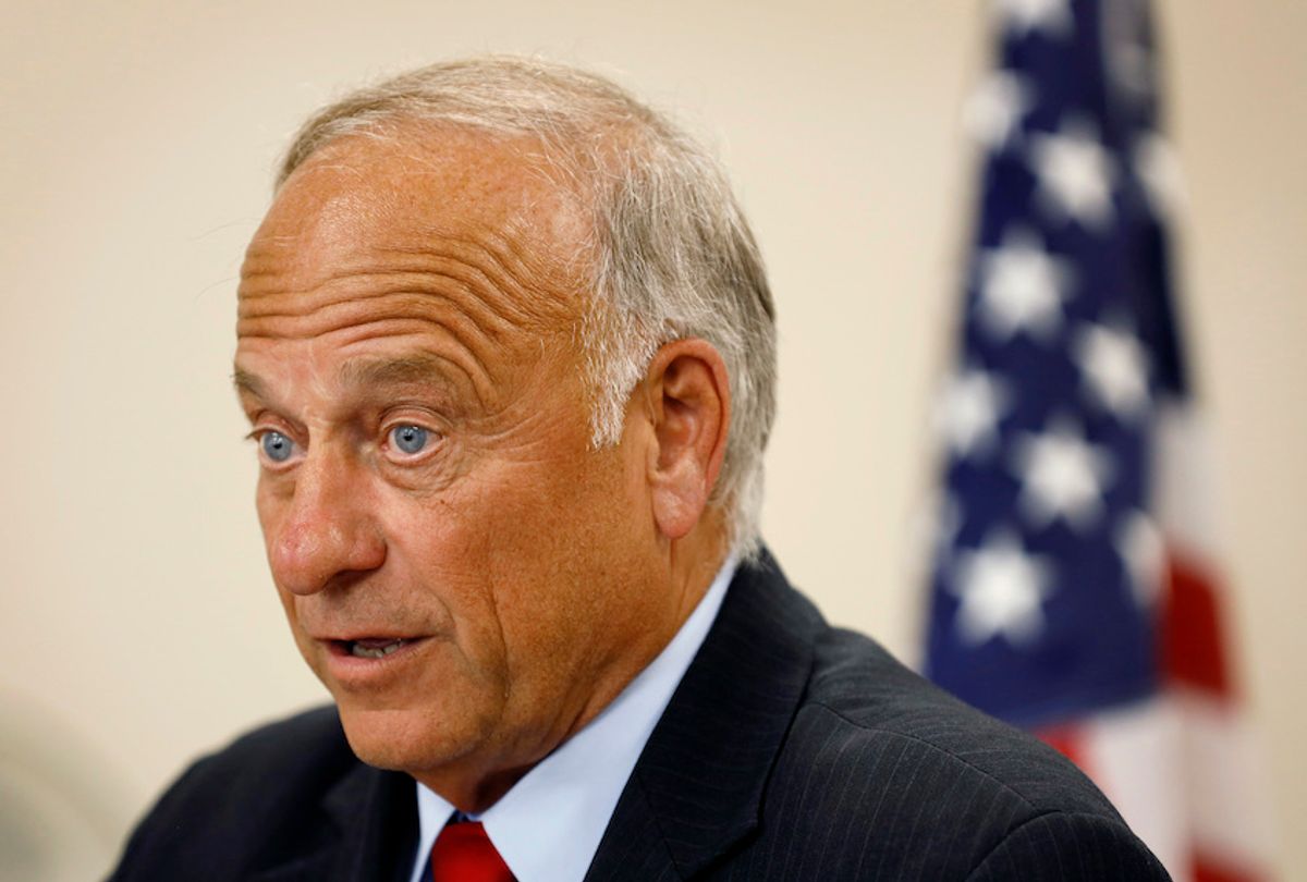 U.S. Rep. Steve King, R-Iowa, speaks during a town hall meeting, Tuesday, Aug. 13, 2019, in Boone, Iowa. King is defending his call for a ban on all abortions by questioning whether "there would be any population of the world left" if not for births due to rape and incest.  (AP Photo/Charlie Neibergall)