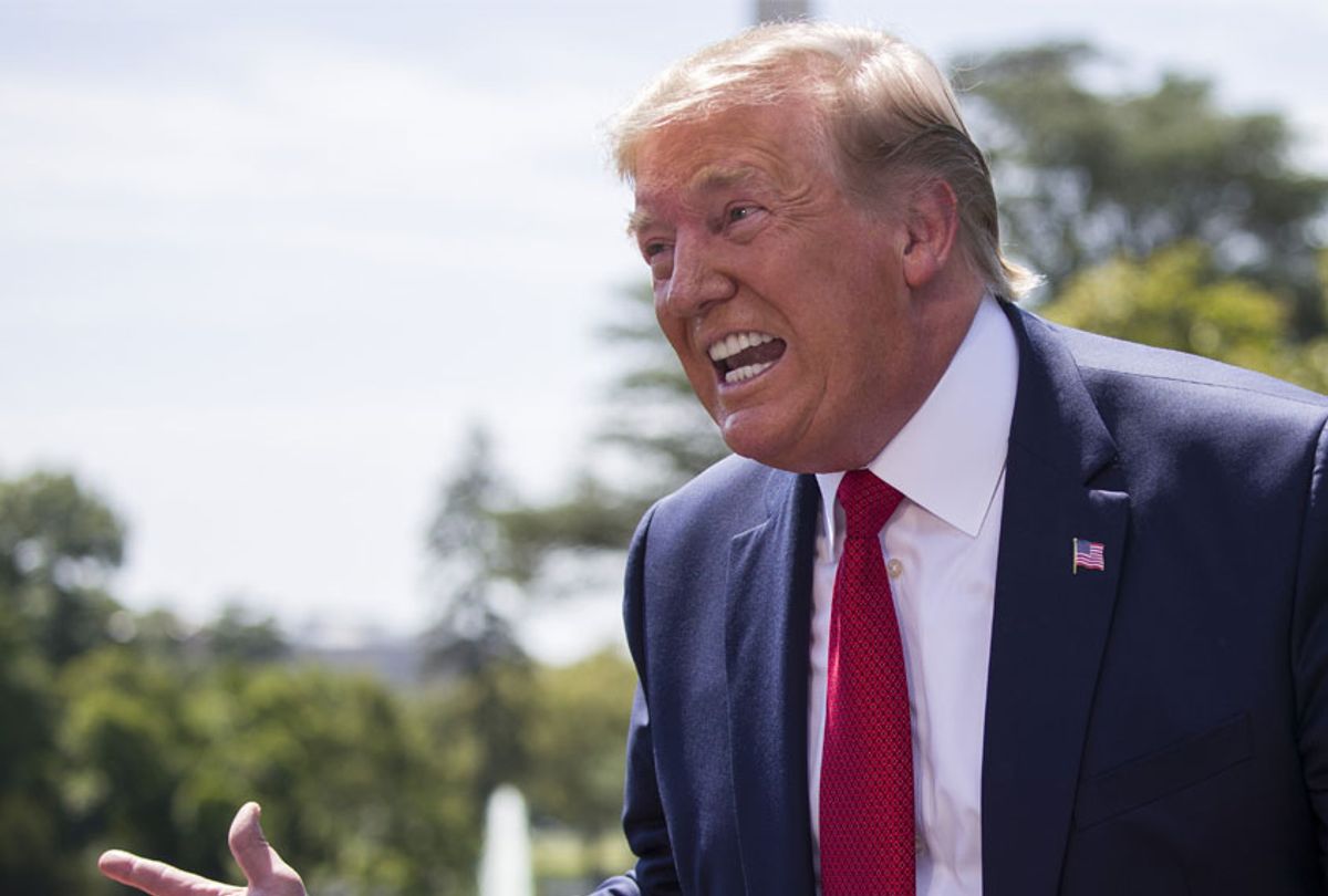 President Donald Trump speaks with reporters before departing on Marine One on the South Lawn of the White House, Wednesday, Aug. 21, 2019, in Washington.  (AP/Alex Brandon)