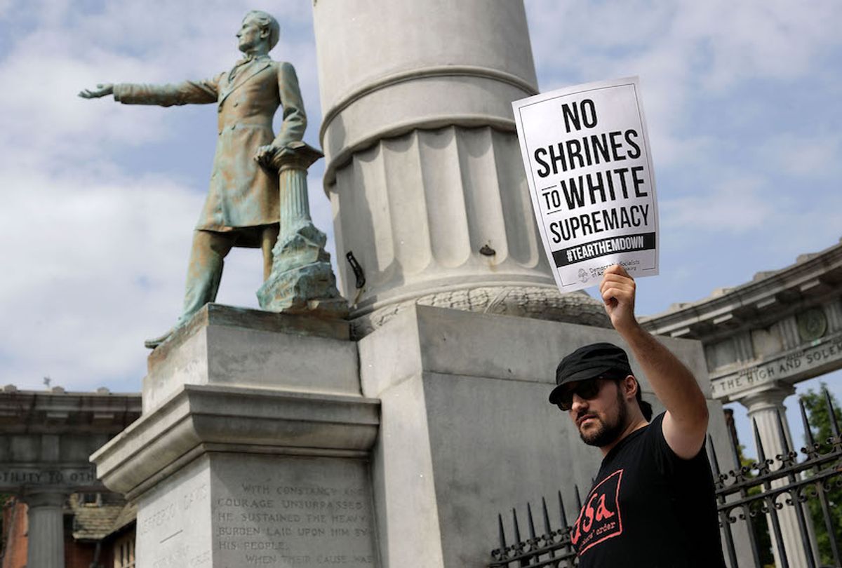 About 100 protesters gather at the Jefferson Davis Monument August 19, 2018 in Richmond, Virginia.  (Chip Somodevilla/Getty Images)