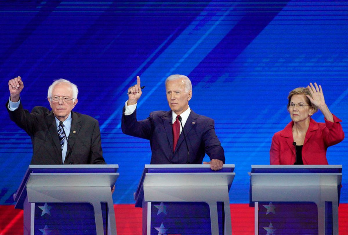From left, Democratic presidential candidates Sen. Bernie Sanders, I-VT , former Vice President Joe Biden, Sen. Elizabeth Warren, D-Mass. gesture to answer a question Thursday, Sept. 12, 2019, during a Democratic presidential primary debate hosted by ABC at Texas Southern University in Houston. (AP Photo/David J. Phillip)