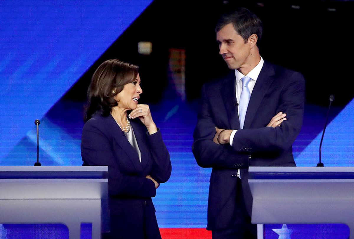  Democratic presidential candidates Sen. Kamala Harris (D-CA) and former Texas congressman Beto O'Rourke converse during a break in the Democratic Presidential Debate at Texas Southern University's Health and PE Center on September 12, 2019 in Houston, Texas. (Win McNamee/Getty Images)