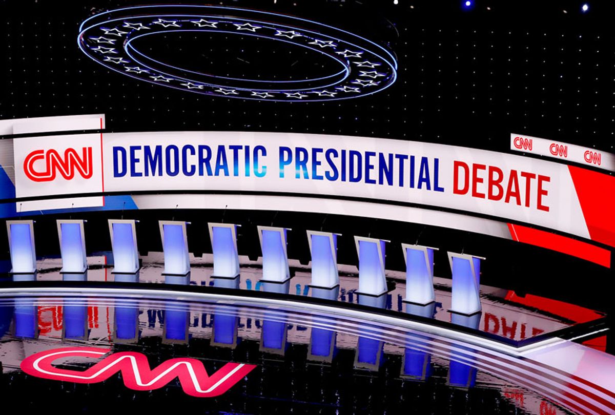 The stage for the second of two Democratic presidential primary debates hosted by CNN is shown, July 31, 2019, in the Fox Theatre in Detroit. (AP Photo/Paul Sancya)