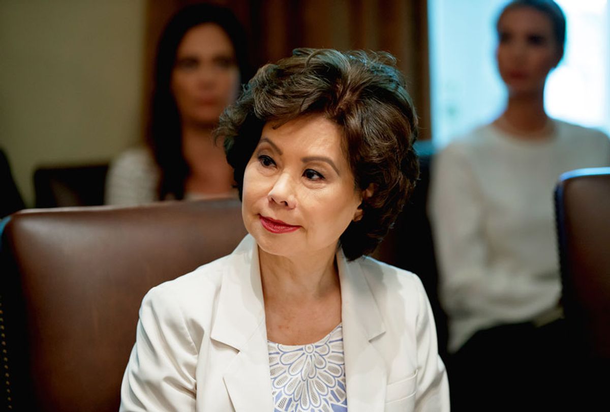 Transportation Secretary Elaine Chao listens during a Cabinet meeting in the Cabinet Room of the White House, Tuesday, July 16, 2019, in Washington. (AP Photo/Alex Brandon)