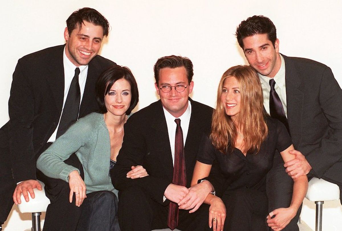 Cast members of the television sitcom "Friends" pose for photographers at the studios of Channel 4 in London Wednesday, March 25, 1998. (AP Photo/Lynne Sladky)