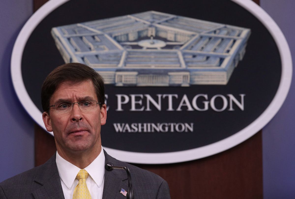 U.S. Secretary of Defense Mark Esper holds a media briefing at the Pentagon August 28, 2019 in Arlington, Virginia.  (Photo by Alex Wong/Getty Images)