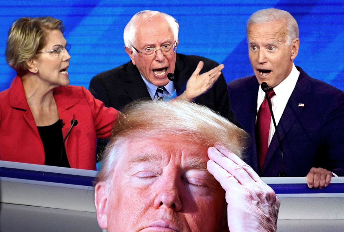 Elizabeth Warren, Bernie Sanders, Joe Biden and Donald Trump (Getty Images/AP Photo/Salon)