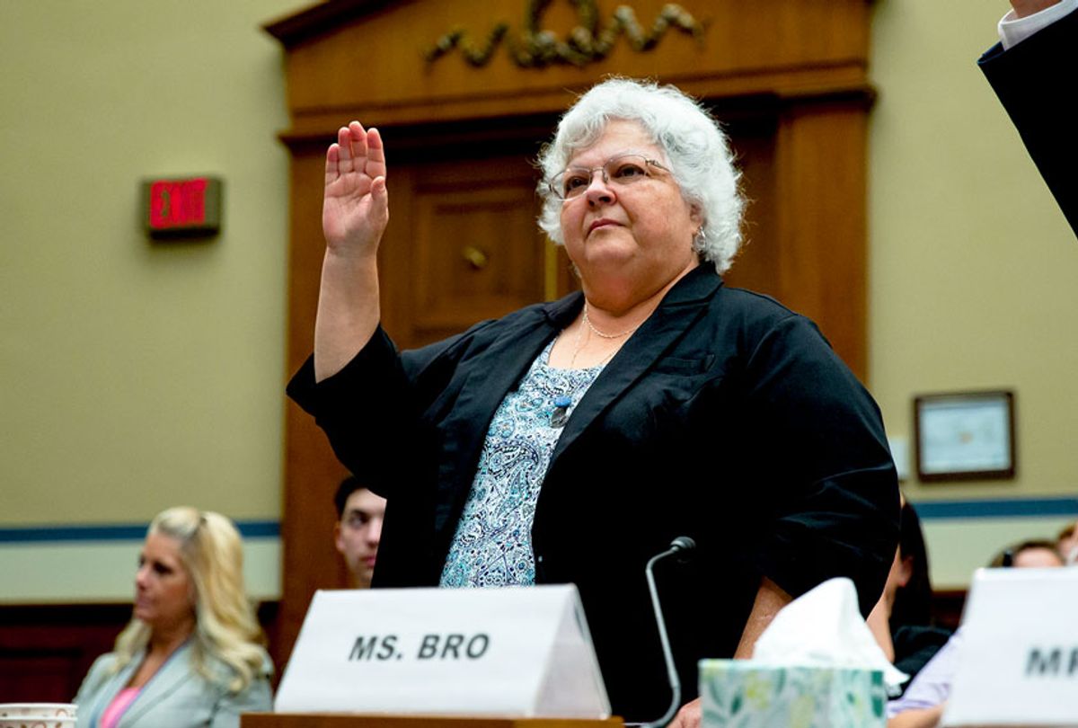 Susan Bro, mother of Heather Heyer is sworn in before a House Civil Rights and Civil Liberties Subcommittee hearing on confronting white supremacy at the U.S. Capitol on May 15, 2019 in Washington, DC. During the hearing, subcommittee members and witnesses discussed the impact on the communities most victimized and targeted by white supremacists. (Getty/ Anna Moneymaker)