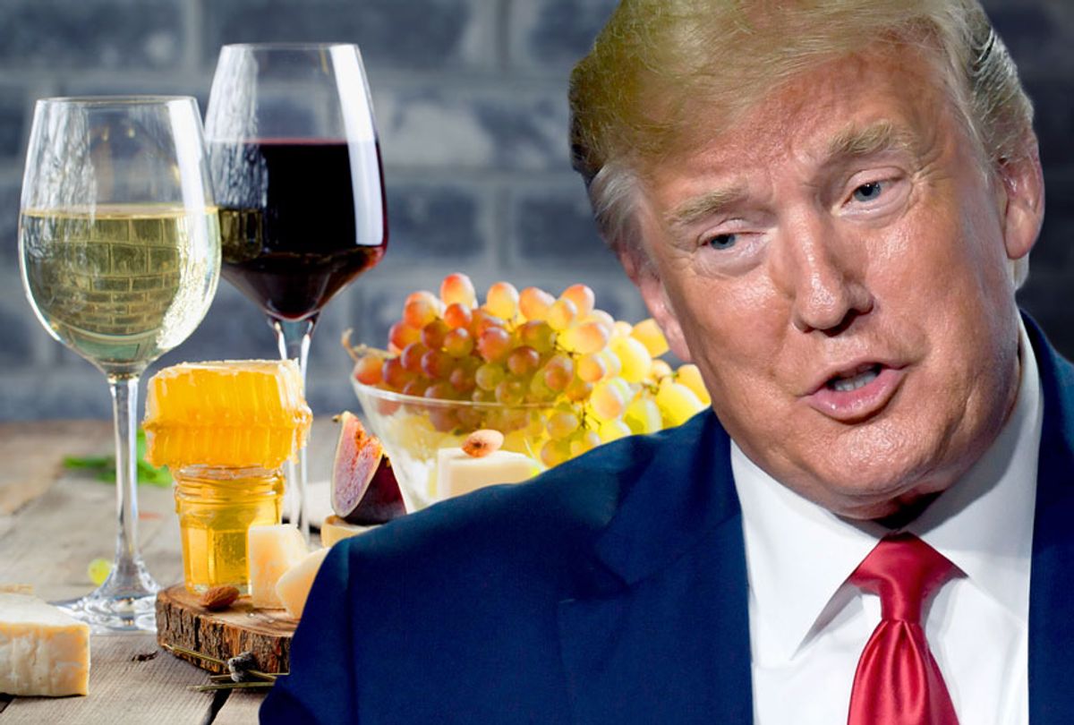 Donald Trump superimposed over fancy wines and cheeses (Getty Images/ Anna Pustynnikova/ Bertrand Guay)