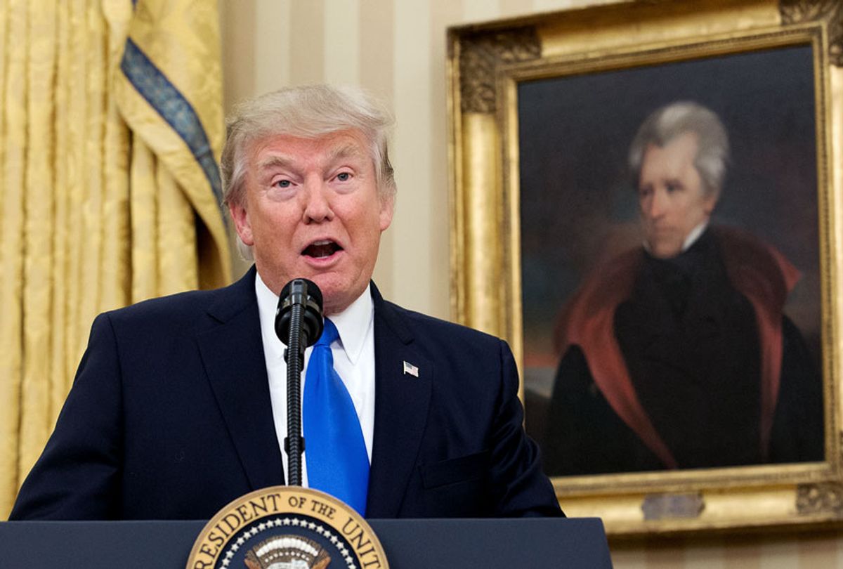 U.S. President Donald Trump, beneath a portrait of populist President Andrew Jackson, speaks before the swearing-in of Rex Tillerson as 69th secretary of state in the Oval Office of the White House on February 1, 2017 in Washington, DC.  (Michael Reynolds-Pool/Getty Images)