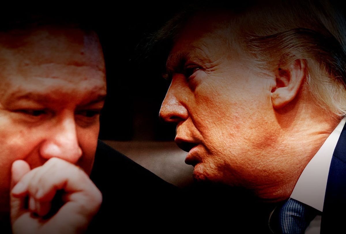 Secretary of State Mike Pompeo, left, and President Donald Trump whisper during a Cabinet meeting in the Cabinet Room of the White House, Tuesday, July 16, 2019, in Washington. (AP Photo/Alex Brandon/Salon)