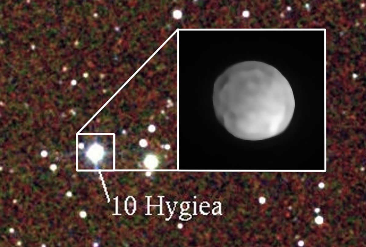 A new SPHERE/VLT image of Hygiea, which could be the Solar System’s smallest dwarf planet yet. As an object in the main asteroid belt, Hygiea satisfies right away three of the four requirements to be classified as a dwarf planet: it orbits around the Sun, it is not a moon and, unlike a planet, it has not cleared the neighbourhood around its orbit. The final requirement is that it have enough mass that its own gravity pulls it into a roughly spherical shape. This is what VLT observations have now revealed about Hygiea. (ESO/P. Vernazza et al./MISTRAL algorithm (ONERA/CNRS))