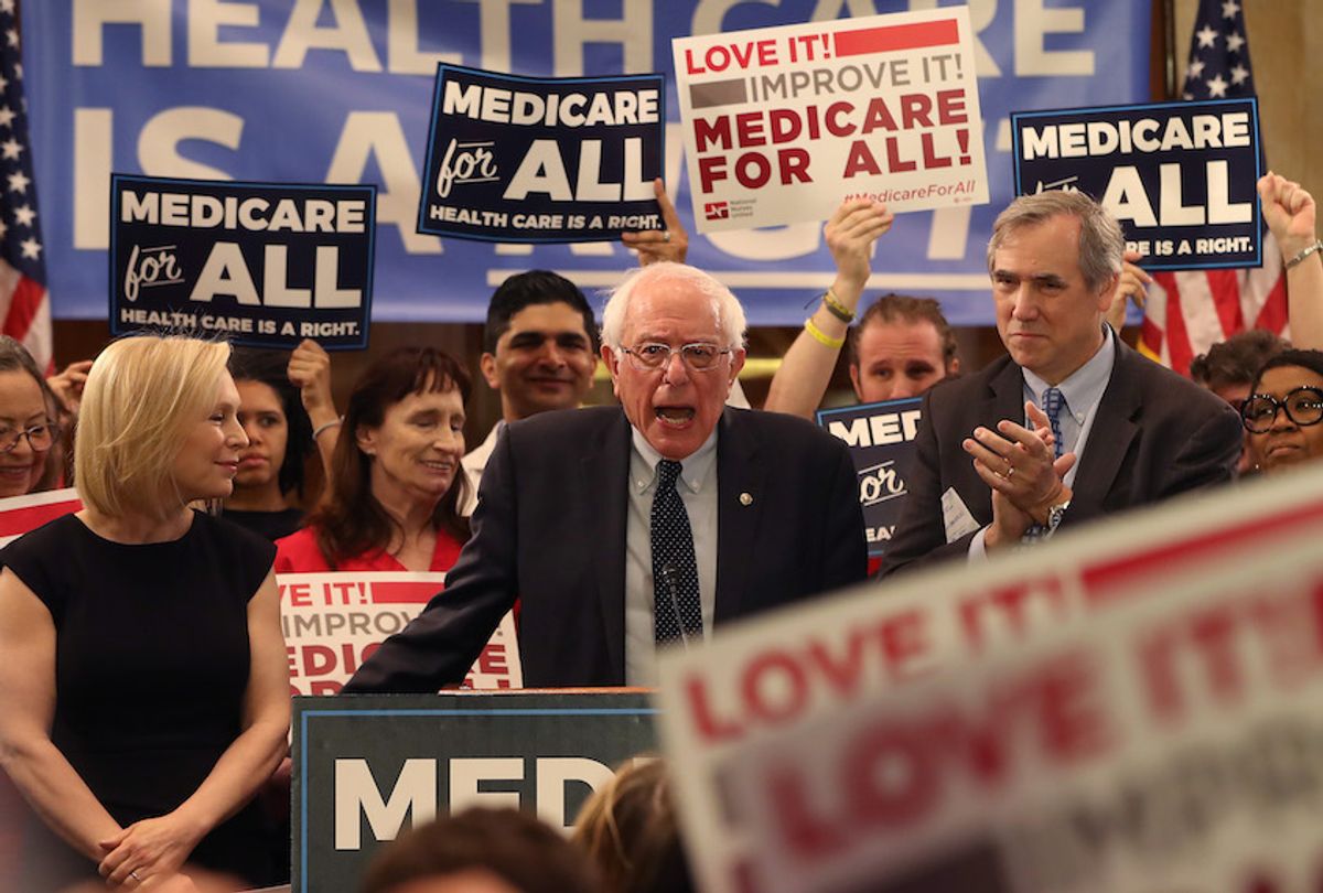 Sen. Bernie Sanders (I-VT) speaks while introducing health care legislation titled the "Medicare for All Act of 2019" with Sen. Kirsten Gillibrand (D-NY) and Sen. Jeff Merkley (D-OR), during a news conference on Capitol Hill, on April 9, 2019 in Washington, DC. (Mark Wilson/Getty Images)