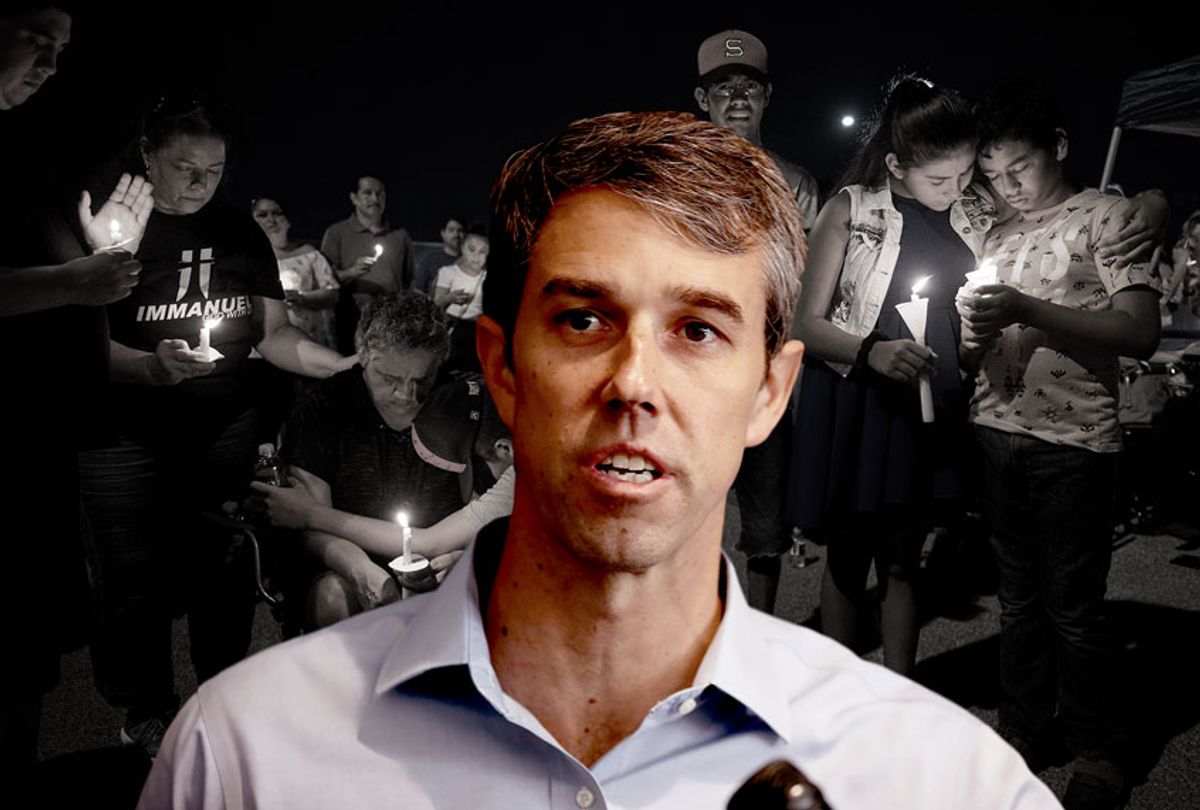 Beto O'Rourke in front of a candlelight vigil at the Immanuel Church for victims of the El Paso shooting (Justin Sullivan/MARK RALSTON/AFP/Getty Images)