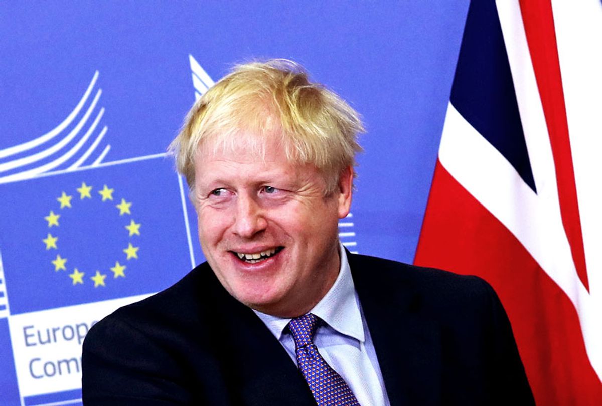 British Prime Minister Boris Johnson at EU headquarters in Brussels, Thursday, Oct. 17, 2019. Britain and the European Union reached a new tentative Brexit deal on Thursday, hoping to finally escape the acrimony, divisions and frustration of their three-year divorce battle.  (AP Photo/Francisco Seco)