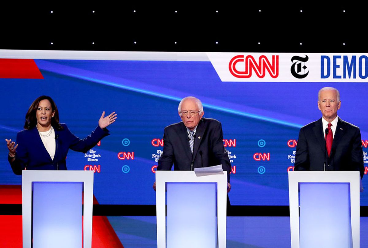 Sen. Kamala Harris (D-CA) speaks as Sen. Bernie Sanders (I-VT), and former Vice President Joe Biden look on during the Democratic Presidential Debate at Otterbein University on October 15, 2019 in Westerville, Ohio. A record 12 presidential hopefuls are participating in the debate hosted by CNN and The New York Times. (Win McNamee/Getty Images)