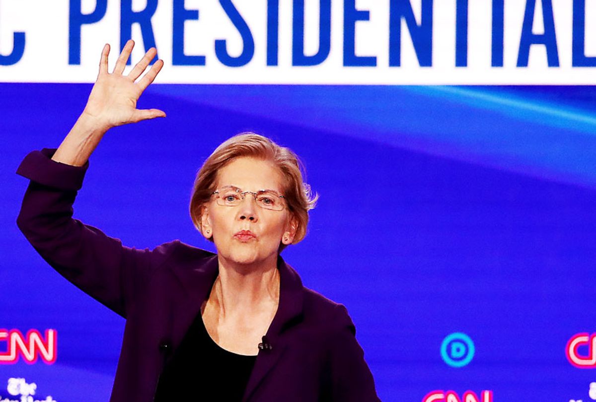 Elizabeth Warren (D-MA) speaks during the Democratic Presidential Debate at Otterbein University on October 15, 2019 in Westerville, Ohio. A record 12 presidential hopefuls are participating in the debate hosted by CNN and The New York Times.  (Win McNamee/Getty Images)