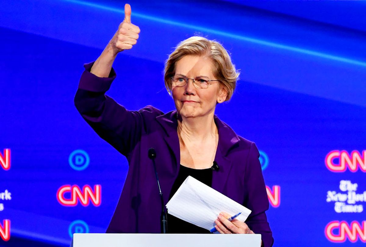 Democratic presidential hopeful Massachusetts Senator Elizabeth Warren gestures during the fourth Democratic primary debate of the 2020 presidential campaign season co-hosted by The New York Times and CNN at Otterbein University in Westerville, Ohio on October 15, 2019.  (SAUL LOEB/AFP via Getty Images)