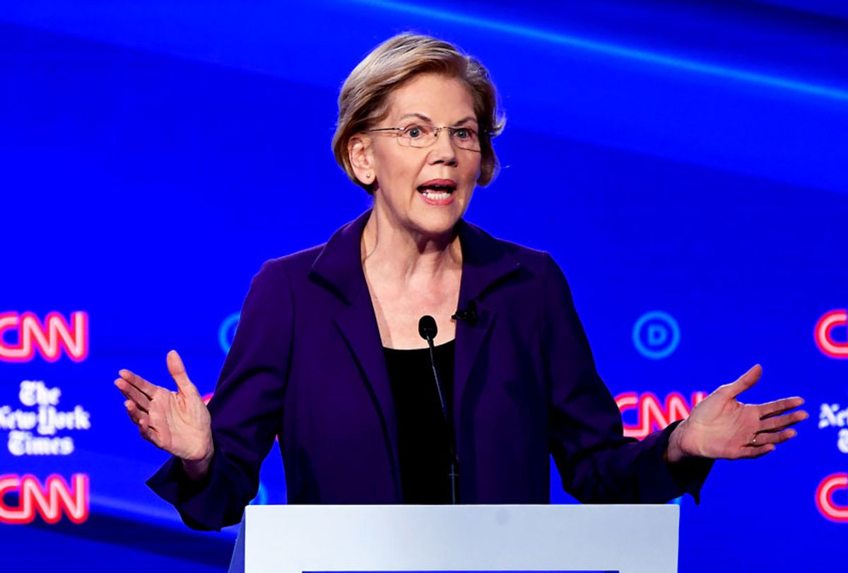 Democratic presidential hopeful Massachusetts Senator Elizabeth Warren speaks during the fourth Democratic primary debate of the 2020 presidential campaign season co-hosted by The New York Times and CNN at Otterbein University in Westerville, Ohio on October 15, 2019.  (SAUL LOEB/AFP via Getty Images)