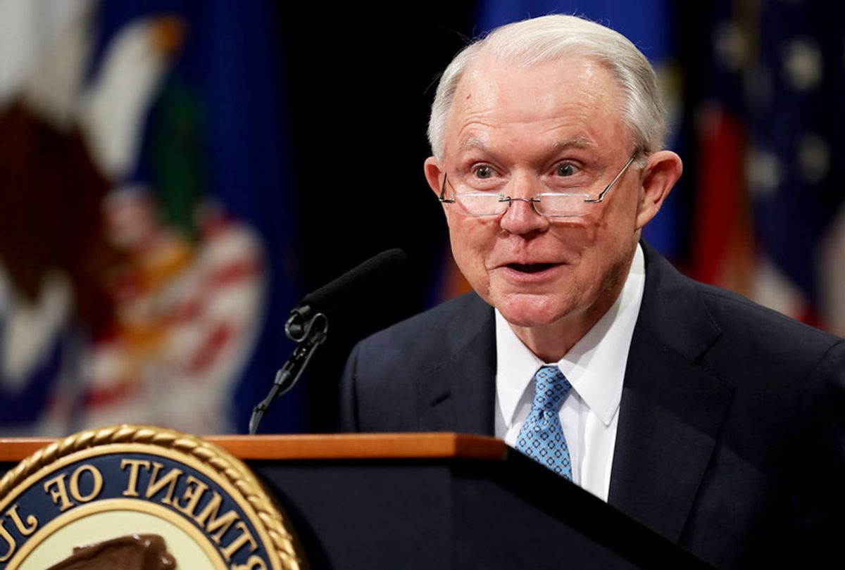 Former U.S. Attorney General Jeff Sessions delivers remarks during a farewell ceremony for Deputy Attorney General Rod Rosenstein at the Robert F. Kennedy Main Justice Building May 09, 2019 in Washington, DC. Rosenstein, who has worked for the federal government for more than 29 years, will be most remembered for overseeing special counsel Robert Mueller's investigation into Russian interference in the 2018 presidential election.  (Chip Somodevilla/Getty Images)