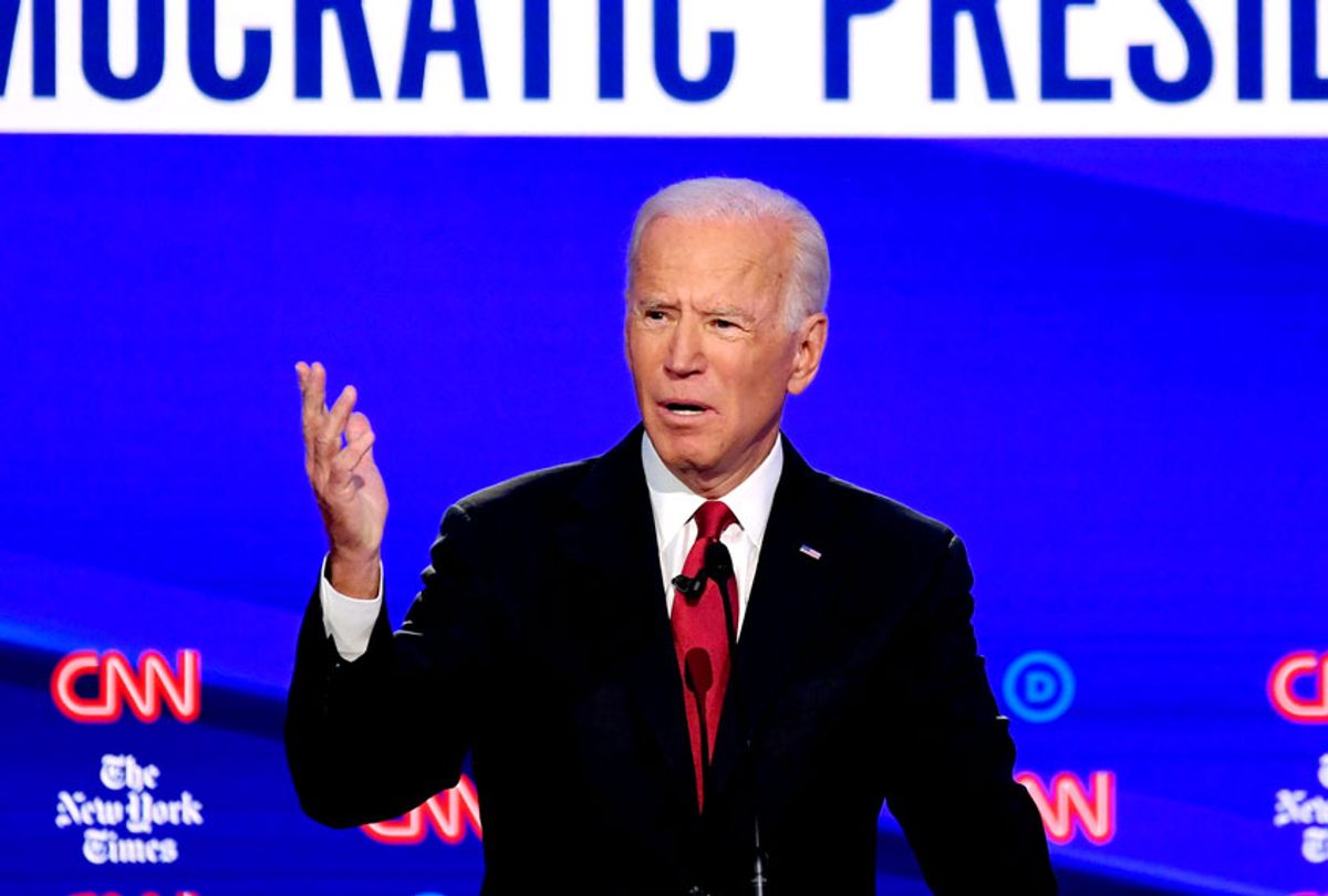 Democratic presidential hopeful former US Vice President Joe Biden gestures as he speaks during the fourth Democratic primary debate of the 2020 presidential campaign season co-hosted by The New York Times and CNN at Otterbein University in Westerville, Ohio on October 15, 2019.  (SAUL LOEB/AFP via Getty Images)