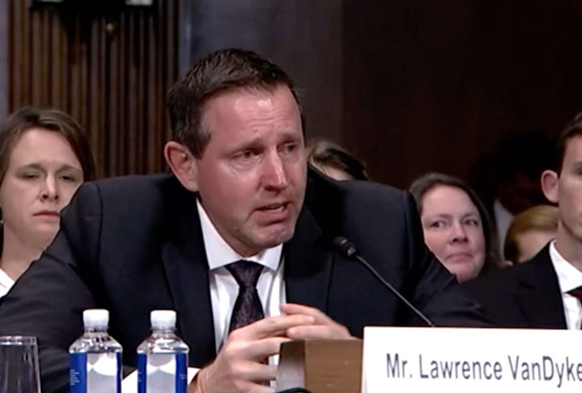 Federal appeals court nominee Lawrence VanDyke grew emotional, reacting to a letter against his confirmation by the American Bar Association on Oct. 30. (Senate Judiciary Committee)