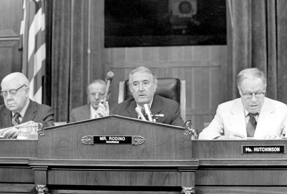 29th July 1974: The Judiciary Committee Impeachment Panel gathered to hear evidence in the Watergate affair, eventually leading to the impeachment of President Nixon. From left to right, Donohue, Rodino and Hutchinson.  (Keystone/Getty Images)