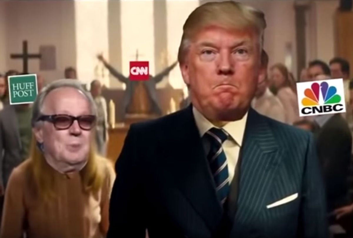 Donald Trump and various media outlets/personalities superimposed onto a violent scene from "Kingsmen" (CNN/Youtube)