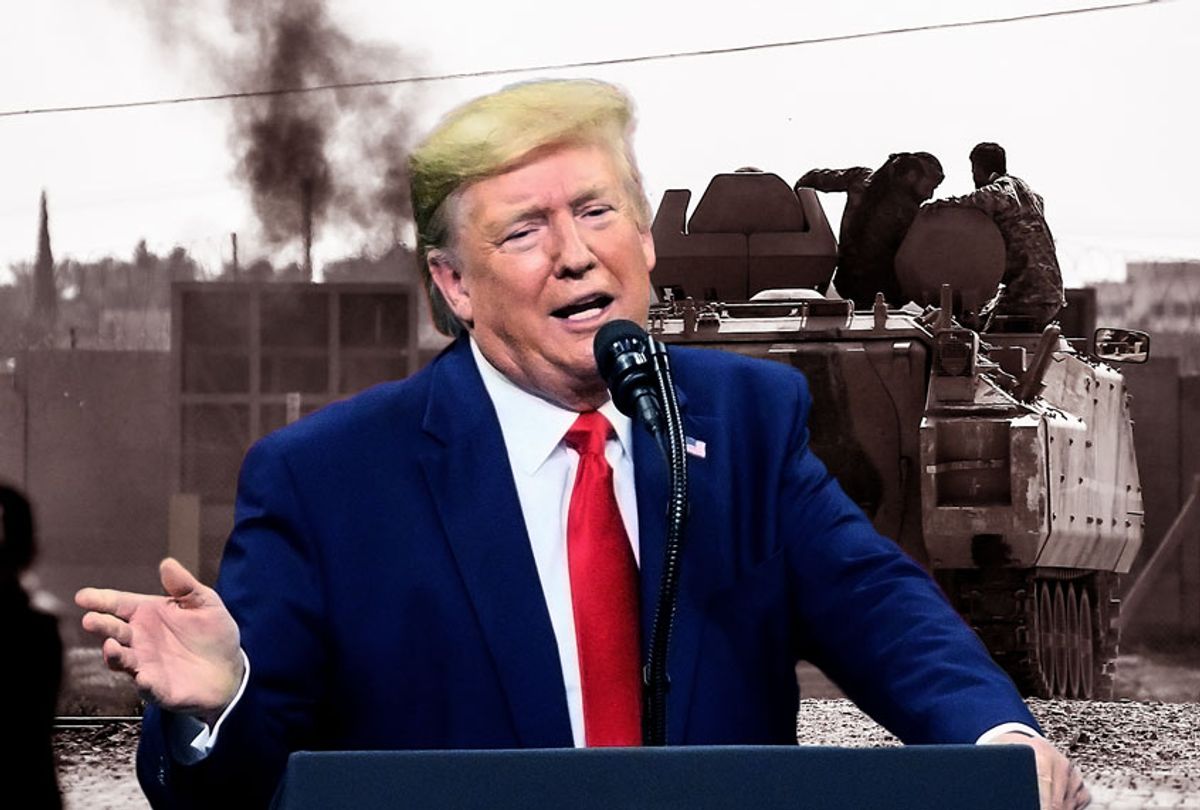 Donald Trump in front of and image of Turkish-backed Syrian opposition fighters on an armoured personnel carrier drive to cross the border into Syria, in Akcakale, Sanliurfa province, southeastern Turkey, Friday, Oct. 18, 2019. Fighting continued in a northeast Syrian border town at the center of the fight between Turkey and Kurdish forces early Friday, despite a U.S.-brokered cease-fire that went into effect overnight.  (AP Photo/Getty Images/Salon)