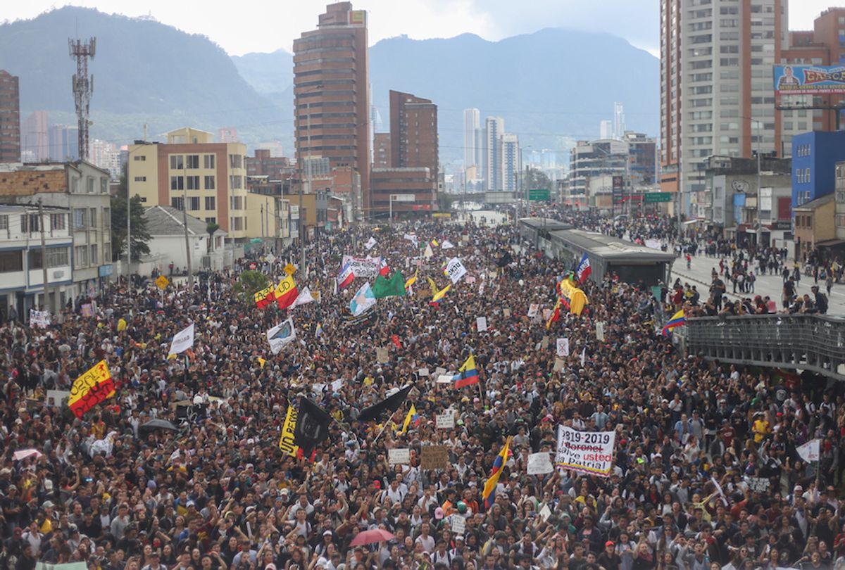A panoramic view of the people who went to the protest of the national strike in the city of Bogota, Colombia, on 21 November 2019.  (Daniel Garzon Herazo/Nurphoto via Getty Images)