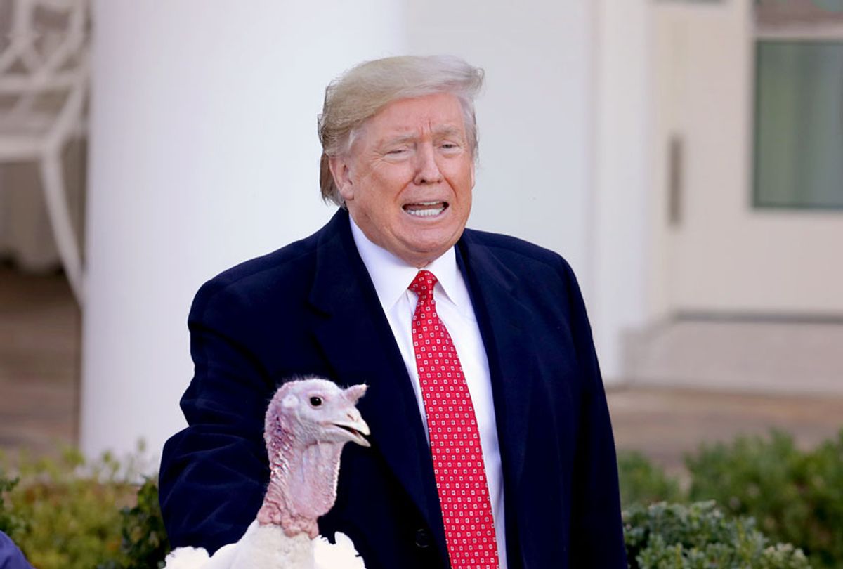 U.S. President Donald Trump gives a presidential ‘pardon’ to the National Thanksgiving Turkey Butter during the traditional event with first lady Melania Trump (R) in the Rose Garden of the White House November 26, 2019 in Washington, DC. The turkey pardon was made official in 1989 under former President George H.W. Bush, who was continuing an informal tradition started by President Harry Truman in 1947. Following the presidential pardon, the 47-pound turkey which was raised by farmer Wellie Jackson of Clinton, North Carolina, will reside at his new home, 'Gobbler's Rest,' at Virginia Tech.  (Chip Somodevilla/Getty Images)