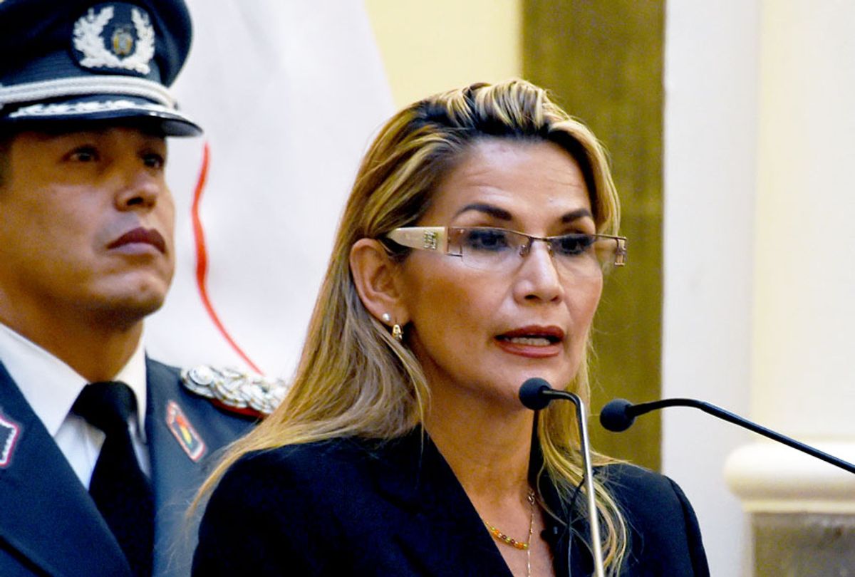 Bolivia's interim president, Jeanine Anez speaks while taking oath to the military command during her first day in power, at the Quemado presidential palace in La Paz, on November 13, 2019. - Anez, who declared herself interim president before her claim was endorsed by the constitutional court, arguing that her succession was necessitated by the resignations of those above her in the government hierarchy, will try to fill the power vacuum left by Evo Morales's abrupt resignation, as the former leader denounced what he described as a "sneaky coup." (AIZAR RALDES/AFP via Getty Images)