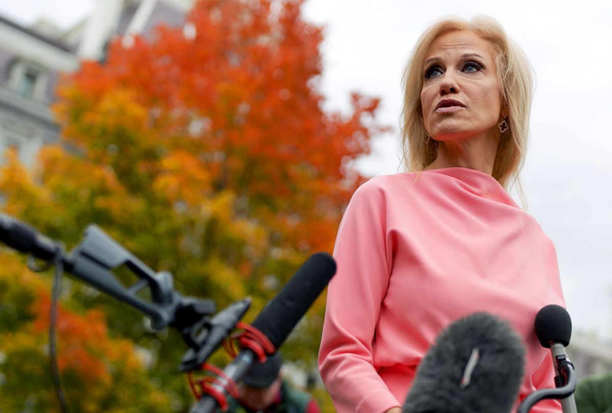 White House senior counselor Kellyanne Conway speaks to members of the media outside the West Wing of the White House. (Alex Wong/Getty Images)