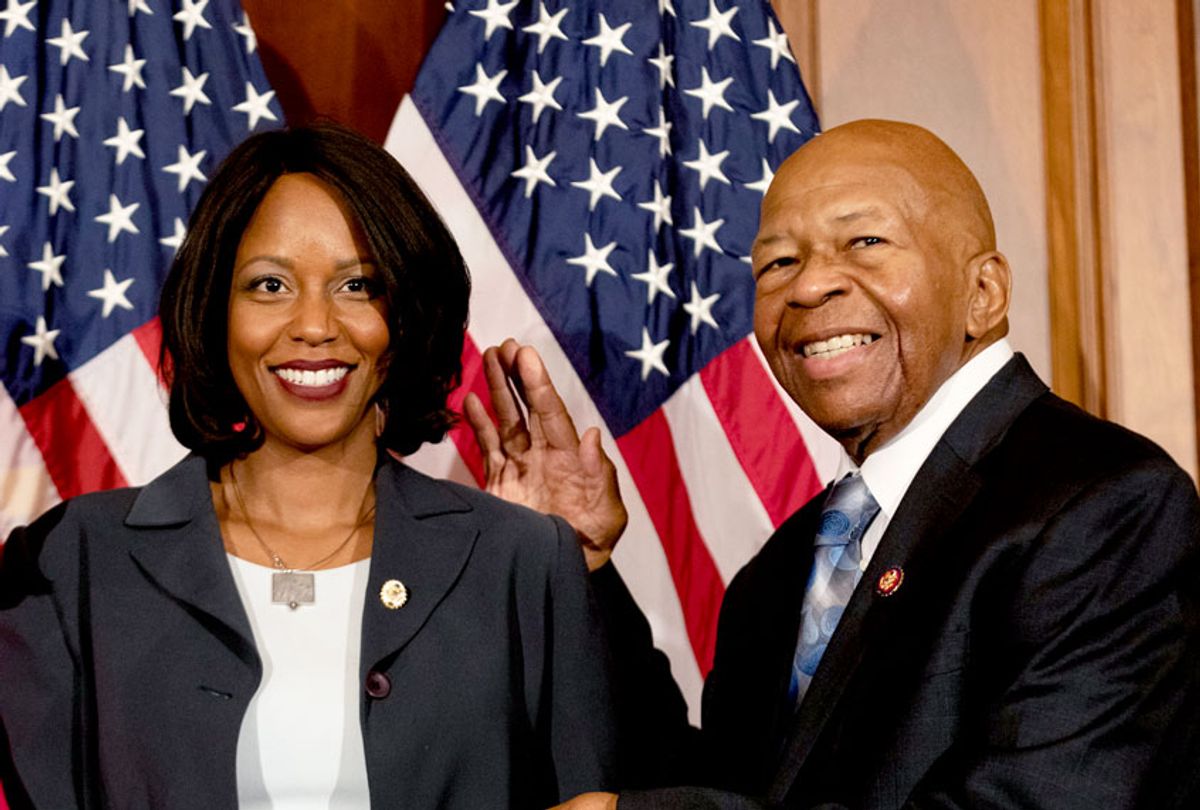 Rep. Elijah Cummings (D-MD 7th District), and his wife, Maya Rockeymoore Cummings, participate in a ceremonial swearing-in ceremony with House Speaker Nancy Pelosi (D-CA), on Capitol Hill in Washington, D.C., on Thursday, January 3, 2019. (Photo by  (Cheriss May/NurPhoto via Getty Images)