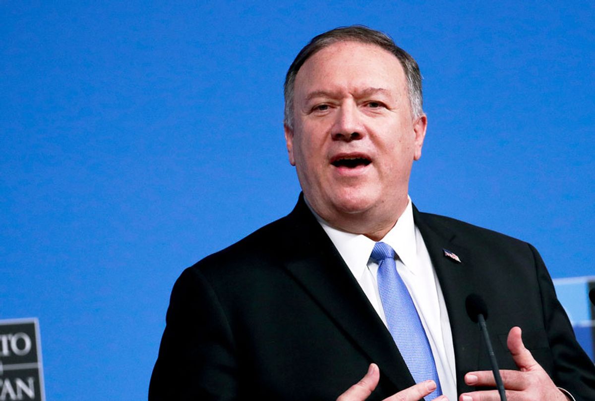 U.S. Secretary of State Mike Pompeo talks to journalists during a news conference during a NATO Foreign Ministers meeting at the NATO headquarters in Brussels, Wednesday, Nov. 20, 2019. ( (AP Photo/Francisco Seco)