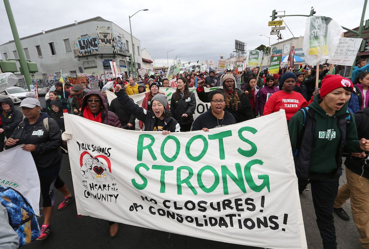 Teachers, students and supporters march down International Boulevard towards a rally at Roots International Academy in Oakland, Calif., on Tuesday, Feb. 26, 2019. This is the fourth day of their strike. (Photo by Jane Tyska/MediaNews Group/The Mercury News via Getty Images) (Jane Tyska/MediaNews Group/The Mercury News via Getty Images)