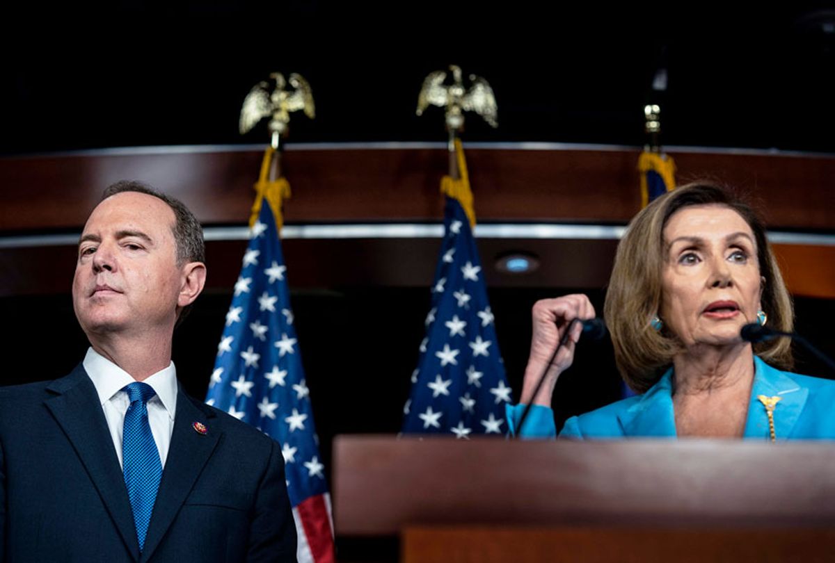 House Intelligence Committee Chairman Adam Schiff and Speaker of the House Nancy Pelosi speak to journalists during a press conference concerning the impeachment inquiry of President Donald Trump on Capitol Hill in Washington, DC  (Melina Mara/The Washington Post via Getty Images)