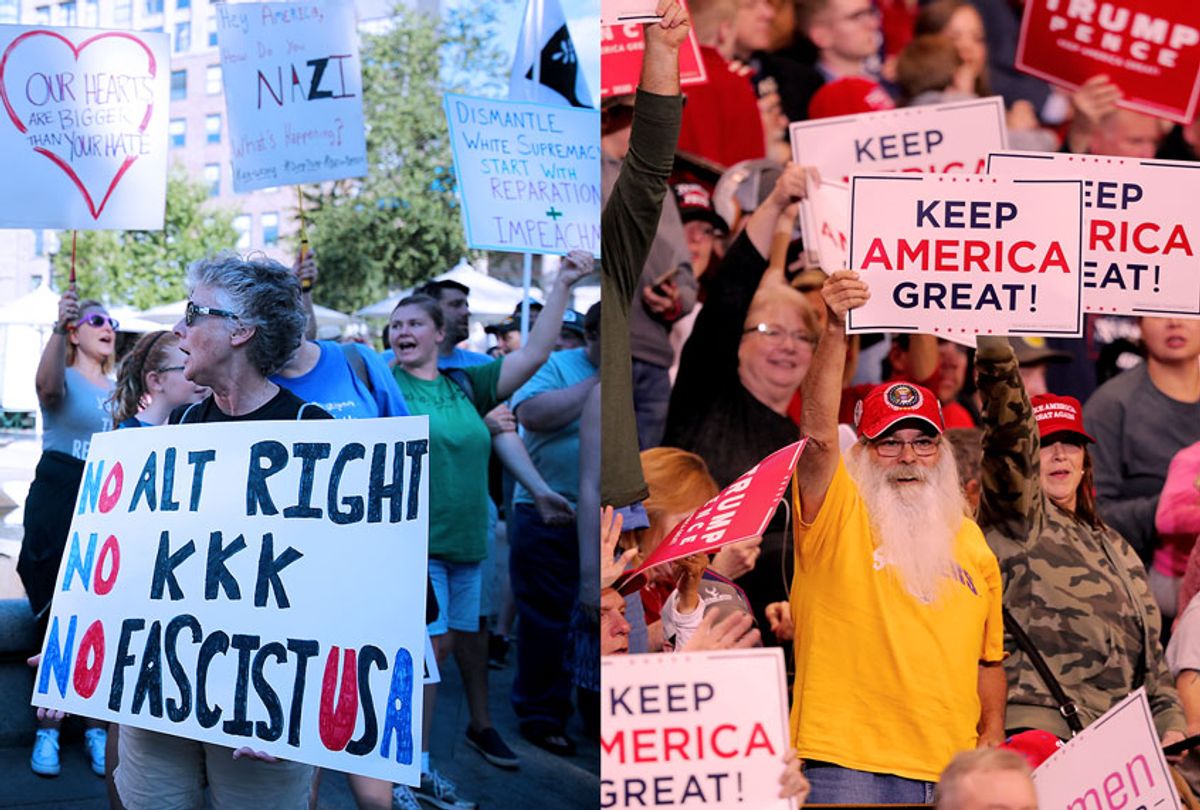 Peaceful anti-fascist protesters in Charlottesville, VA., and Trump supporters holding up signs at a campaign rally in Bossier City, La. (Getty Images/AP Photo/Salon)
