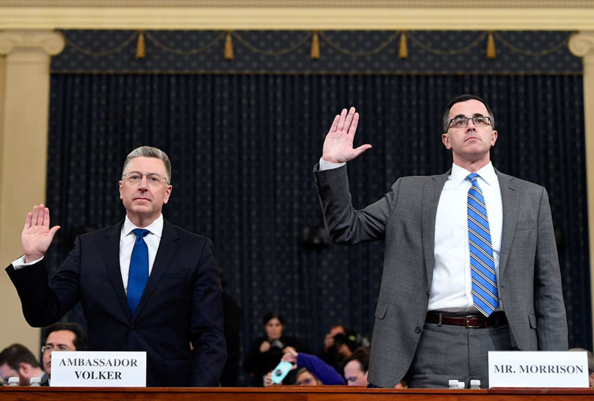 Ambassador Kurt Volker, left, former special envoy to Ukraine, and Tim Morrison, a former official at the National Security Council are sworn in to testify before the House Intelligence Committee on Capitol Hill in Washington, Tuesday, Nov. 19, 2019, during a public impeachment hearing of President Donald Trump's efforts to tie U.S. aid for Ukraine to investigations of his political opponents. ( (AP Photo/Susan Walsh)