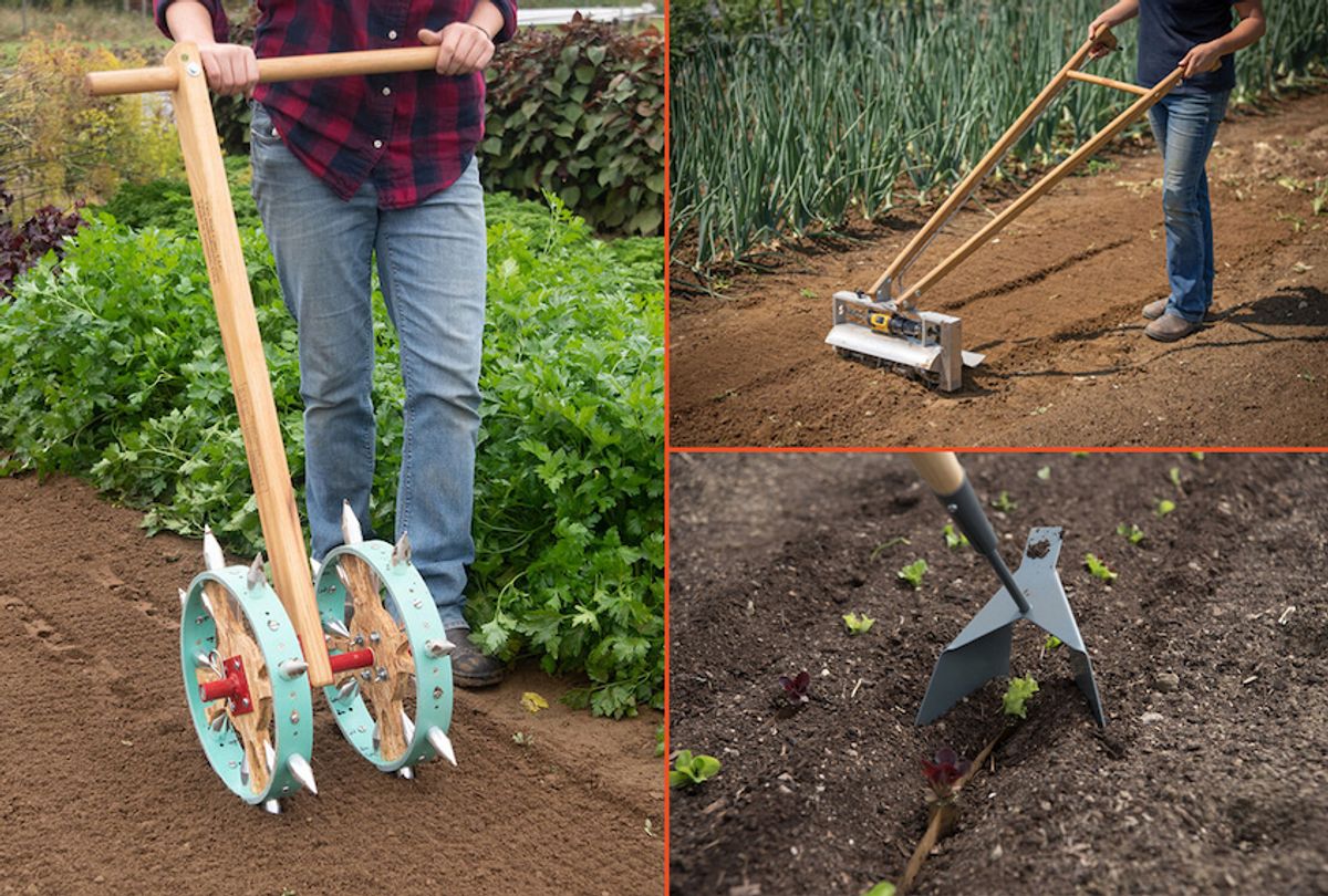 Clockwise from left: Some tools for open-source farming, including a double-rolling dibbler, a tilther, and a zipper.  (Photos courtesy of Johnny’s Selected Seeds)