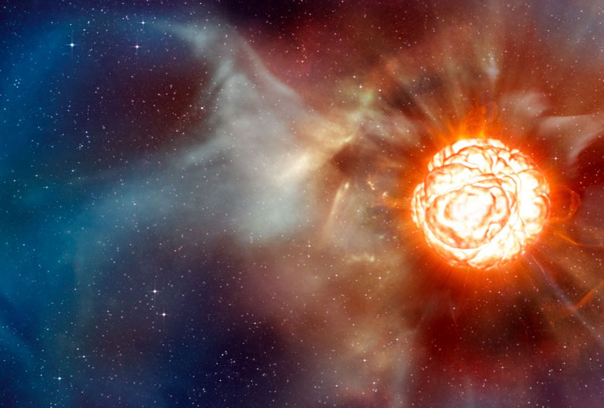 This artist’s impression shows the supergiant star Betelgeuse as it was revealed thanks to different state-of-the-art techniques on ESO’s Very Large Telescope (VLT), which allowed two independent teams of astronomers to obtain the sharpest ever views of the supergiant star Betelgeuse. They show that the star has a vast plume of gas almost as large as our Solar System and a gigantic bubble boiling on its surface. These discoveries provide important clues to help explain how these mammoths shed material at such a tremendous rate. (ESO/L. Calçada)