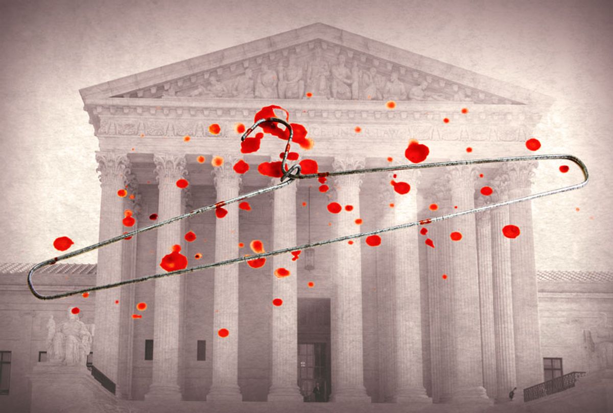 Bloody coat hanger overlaid on the Supreme Court building (Photo illustration by Salon/Getty Images/Bill Clark/CQ-Roll Call)