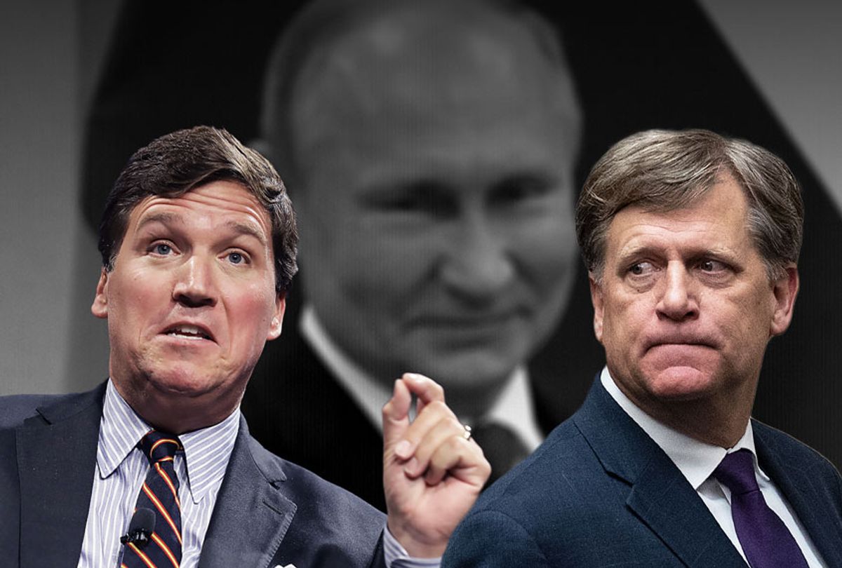 Tucker Carlson, Michael McFaul and Vladimir Putin (Getty Images/Salon)
