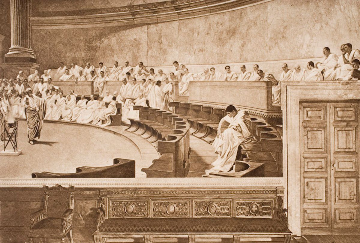 Cicero and Catiline in the Roman Senate, from the book The Outline of History by H.G.Wells Volume 1, published 1920.  (Universal History Archive/Getty Images)