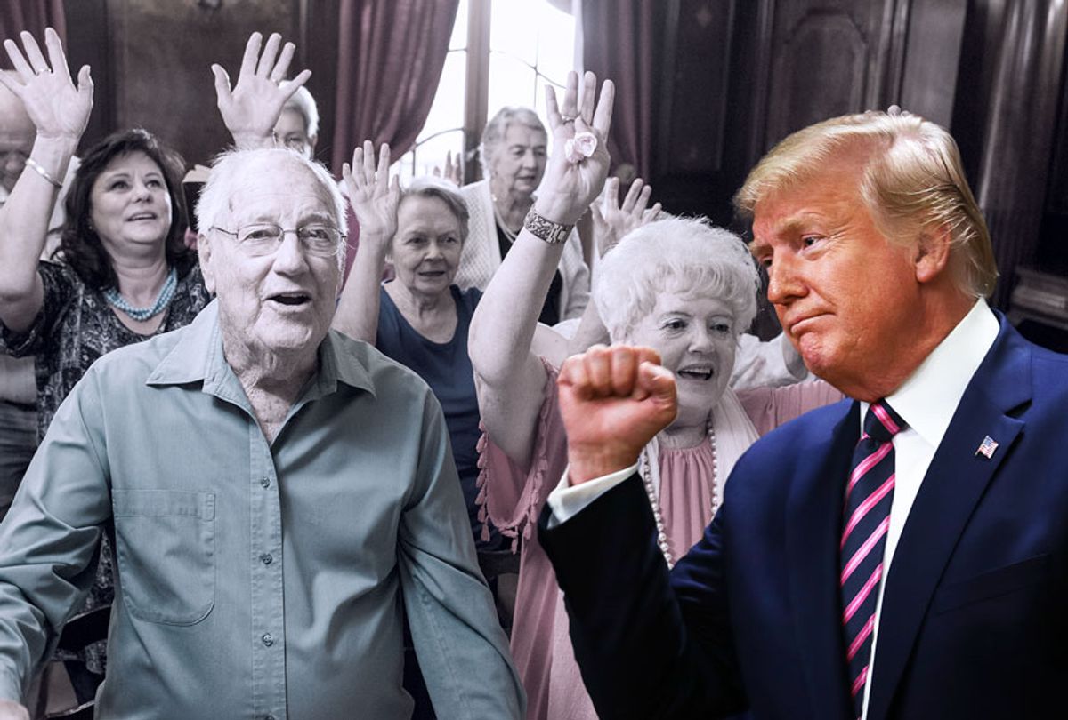 Donald Trump with thumbs up in front of elderly white congregation in church (Drew Angerer/Getty Images/Salon)