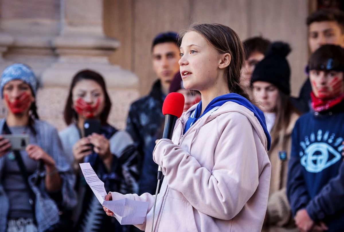 Swedish teen activist Greta Thunberg speaks at the Fridays For Future Denver Climate Strike on October 11, 2019 at Civic Center Park in Denver, Colorado. Thousands of protesters attended the event which was sparked by Thunberg's #FridaysForFuture movement. (Marc Piscotty/Getty Images)