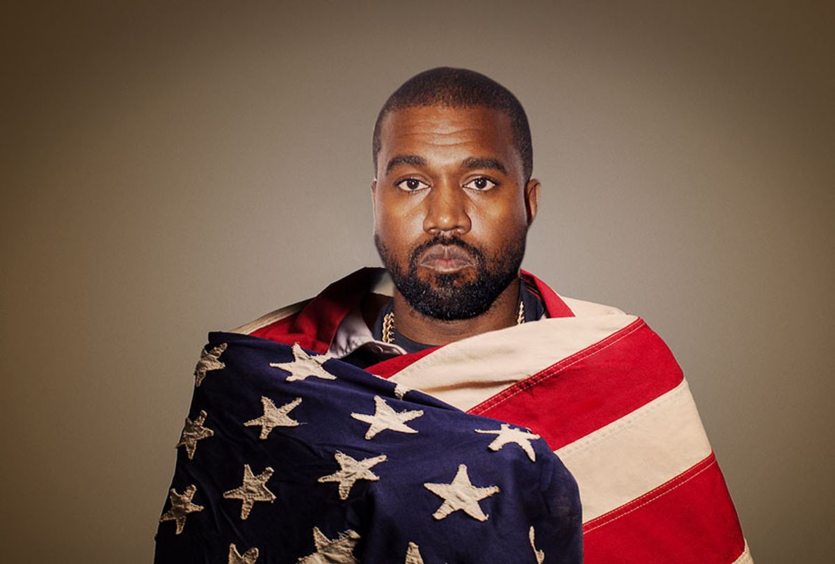 Kanye West wrapped in an American flag (Brad Barket/Getty Images/Fast Company/Salon)