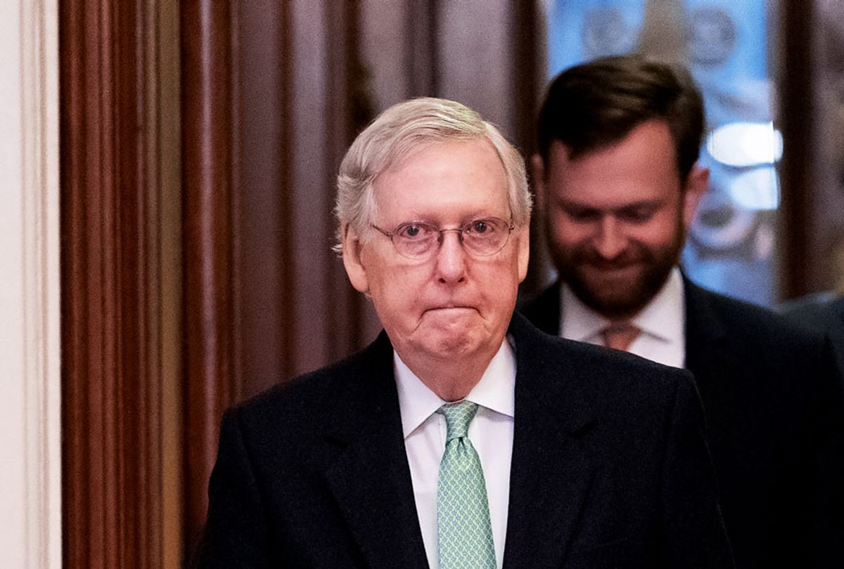 Senate Majority Leader Mitch McConnell, R-Ky., leaves the chamber after criticizing the House Democrats' effort to impeach President Donald Trump, at the Capitol in Washington, Tuesday, Dec. 17, 2019.  (AP Photo/J. Scott Applewhite)