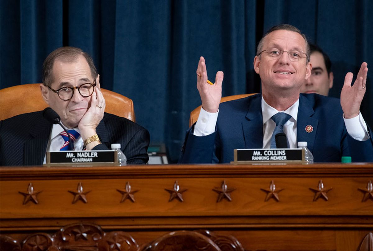 Ranking member Rep. Doug Collins (R-GA) speaks as Chairman Rep. Jerrold Nadler (D-NY) listens during testimony by constitutional scholars before the House Judiciary Committee in the Longworth House Office Building on Capitol Hill December 4, 2019 in Washington, DC. This is the first hearing held by the Judiciary Committee in the impeachment inquiry against U.S. President Donald Trump, whom House Democrats say held back military aid for Ukraine while demanding it investigate his political rivals. The Judiciary Committee will decide whether to draft official articles of impeachment against President Trump to be voted on by the full House of Representatives. (Saul Loeb-Pool/Getty Images)